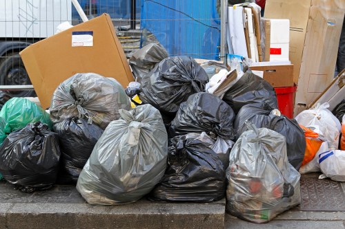 Bustling Bloomsbury street with waste disposal service van