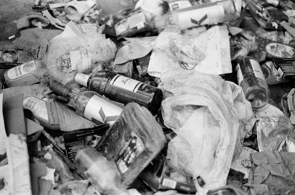 A photograph depicting a large pile of mixed household waste spread across a paved surface, possibly a driveway or street. The pile includes crumpled paper, plastic bottles with labels and caps, cardb